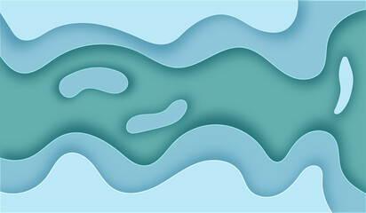 Abstract green blue soft liquid color papercut wavy layers background.