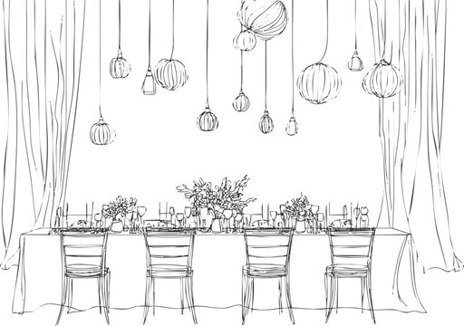 Elegant dining table setup with floral decor and hanging lanterns.