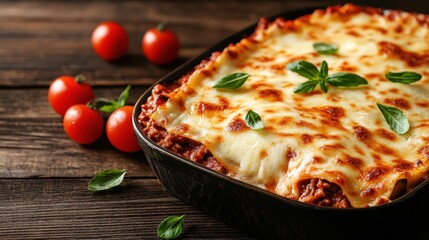 A beautifully baked lasagna featuring layers of pasta, rich meat sauce, and melted cheese, garnished with fresh basil leaves and served with cherry tomatoes.