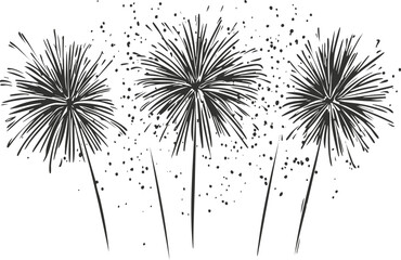 Monochrome illustration of fireworks bursting in the sky.