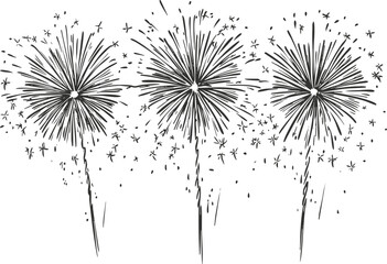 Black and white illustration of three fireworks bursting in the sky.