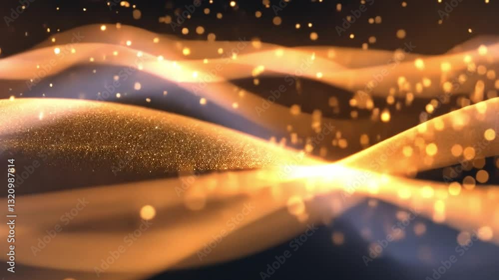 Poster mesmerizing abstract background with flowing golden waves and sparkling particles creates sense of m