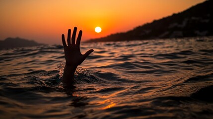 Dramatic scene of a hand reaching out from the water, symbolizing drowning, struggle, or survival in the sea with Greek islands and the sun in the background. Concept of danger, desperation, or hope.