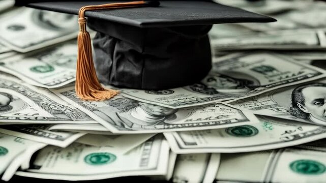 Graduation cap sits atop piles of cash, symbolizing student debt and financial challenges faced by graduates