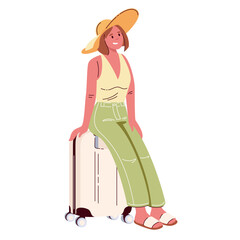 Girl in hat sitting on suitcase. Young woman waiting at airport for flight, train or bus arrival. Summer vacation mascot, cartoon cute passenger with suitcase vector illustration