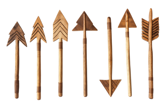 Wooden arrow wall decals in varying sizes isolated on transparent white background