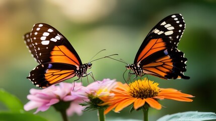 Obraz premium Two beautiful butterflies with orange and black wings grace the flowers, showcasing the stunning beauty of nature in a vibrant garden setting filled with life.