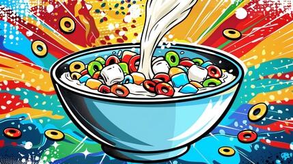 A bowl of cereal with milk being poured into it, on a colorful background.