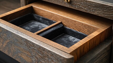 An opened wooden jewelry box with velvet lined compartments