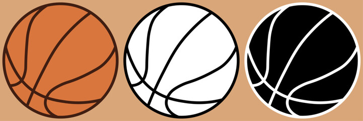 Basketball ball icon set, three stylized balls with colors orange, black and white. Clean aesthetic sports equipment and playful design.