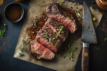 Sliced steak, seasoned and ready to eat.  Juicy, perfectly cooked, and ready for a meal.  Garnished with fresh herbs
