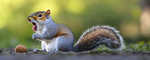 Obraz premium A surprised squirrel with open mouth sits near a nut