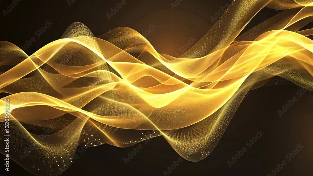 Poster dynamic abstract vdo featuring flowing golden waves on dark background, creating sense of movement a