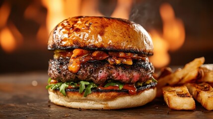 A beautifully grilled burger, dripping with flavor, sits prominently against a backdrop of flames, capturing the essence of mouthwatering indulgence and culinary delight.
