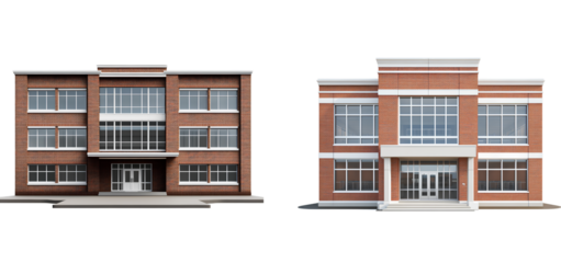 Photorealistic illustration of an exterior view of a two-story brick school building, 3D rendering isolated on Transparent background
