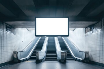 Fototapeta premium Blank billboard inside a modern subway station with escalators