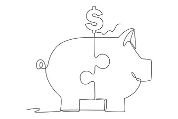 Single continuous line drawing of money and team work in puzzle building symbol. Employee teamwork concept one line draw design vector illustration