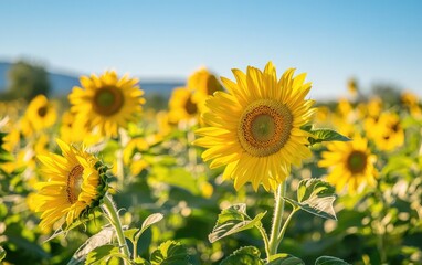 Vibrant sunflowers in a field bathed in golden light