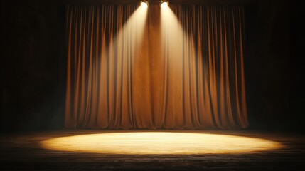 Dramatic Spotlight on Wooden Stage with Draped Curtains in a Dimly Lit Theatre Environment Creating an Atmosphere of Anticipation and Excitement