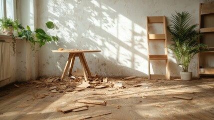 A sunlit room filled with wooden debris and green plants creates an atmosphere of nature intertwining with clutter, portraying a balance of chaos and organic beauty.