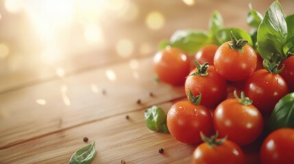 A beautiful arrangement of assorted ripe tomatoes with fresh basil leaves on a rustic wooden surface, embodying the essence of freshness and culinary inspiration.