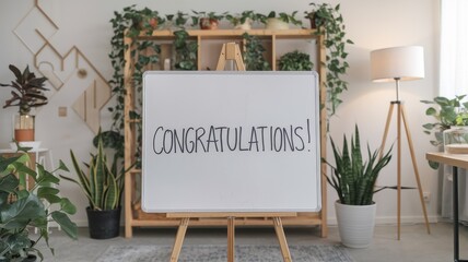Congratulations! A celebration message on a whiteboard surrounded by plants in a bright and airy room.