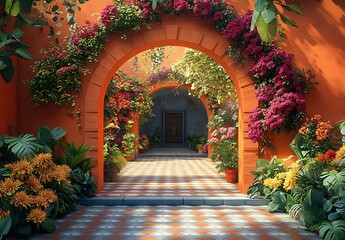 Fototapeta premium Vibrant Garden Courtyard with Orange Archway and Colorful Flowers