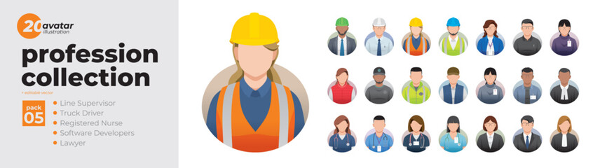 Profession collection profile avatar icons. Set of illustrations of men and women in various types of work attire. Line Supervisor, Driver, Nurse, Software Developers, Lawyer. Flat style vector design