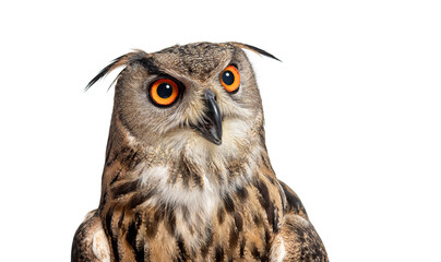 Head shot of an expressive Eurasian Eagle-Owl, Bubo bubo, Beak open, looking away with its orange eyes, isolated on white