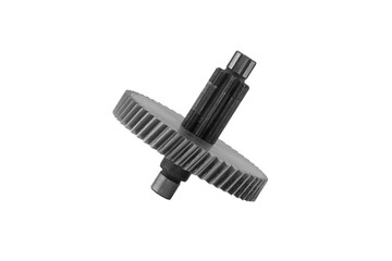 Metal gear isolated on white background for engine. A metal shaft with a gear on the end