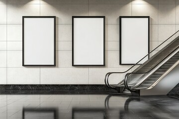 Blank posters on walls of a modern underground station with escalator