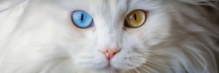 Heterochromia eyes of white cat. Yellow and blue eye of white Maine Coon. Multicolored eyes, mutation, uneven eye iris color, deafness, heredity, genetics. Close-up photo, macro photography