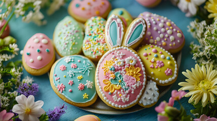 Obraz premium Decorated Easter cookies in the shape of bunnies and eggs, with pastel-colored icing and sprinkles, placed on a holiday table surrounded by spring flowers and festive decorations.