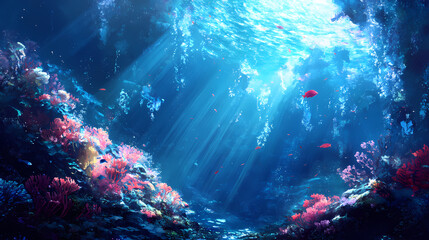 Obraz premium Underwater scene showcasing vibrant coral reefs, colorful fish, and sun rays penetrating the ocean surface