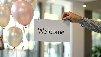 1_Welcome Sign and Balloons for New Employee in Office Lobby