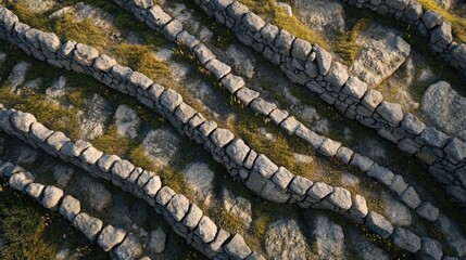 Ancient stone terraces covered in grass, rural landscape view from above
