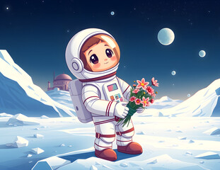 Girl in a space suit holding flowers