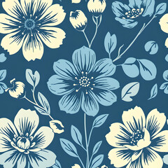 Blue and white floral pattern with flowers and leaves
