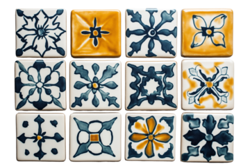 Hand-painted ceramic wall tiles in Mediterranean style isolated on transparent white background