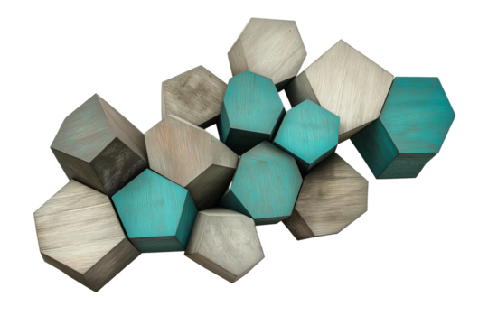 Geometric wood wall sculpture in teal and gray isolated on transparent white background - Powered by Adobe