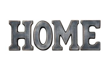Metal word sign "HOME" in script font  isolated on transparent white background