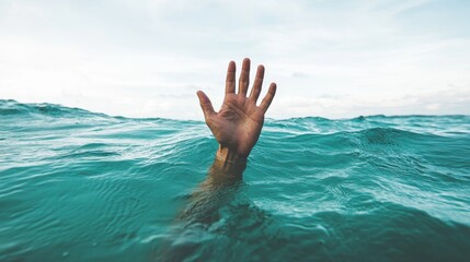 Desperate drowning hand reaching for help underwater, symbolizing danger, emergency, SOS, and life-threatening crisis. Concept of survival, risk, rescue, and urgent need for assistance in the ocean.