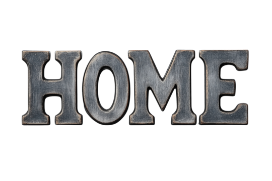 Metal word sign "HOME" in script font  isolated on transparent white background