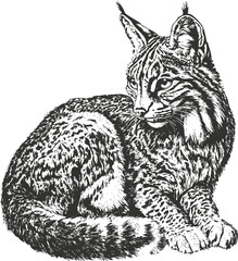 Detailed black and white illustration of a lynx sitting.