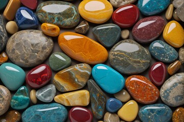a close up of a pile of colorful rocks and stones