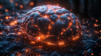 AI-powered brain with cybernetic connections and pulsating light effects