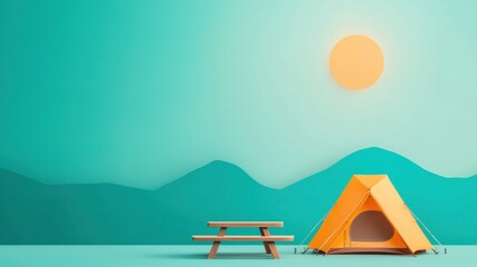 Fototapeta premium Vibrant Outdoor Camping Scene with Yellow Tent, Wooden Picnic Table, Bright Sun, and Serene Mountain Landscape in Smooth Turquoise Background