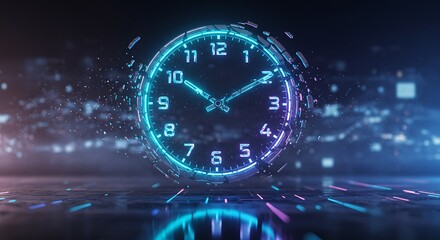 A futuristic neon clock with a glowing digital effect, representing time, technology, and artificial intelligence. The clock appears to be breaking apart or digitizing.