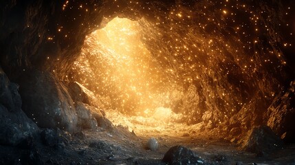 Glowing Cave Entrance with Magical Golden Light and Dust Particles