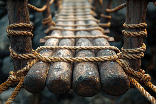 Close-up of the wooden suspension bridge structure. Generated by artificial intelligence